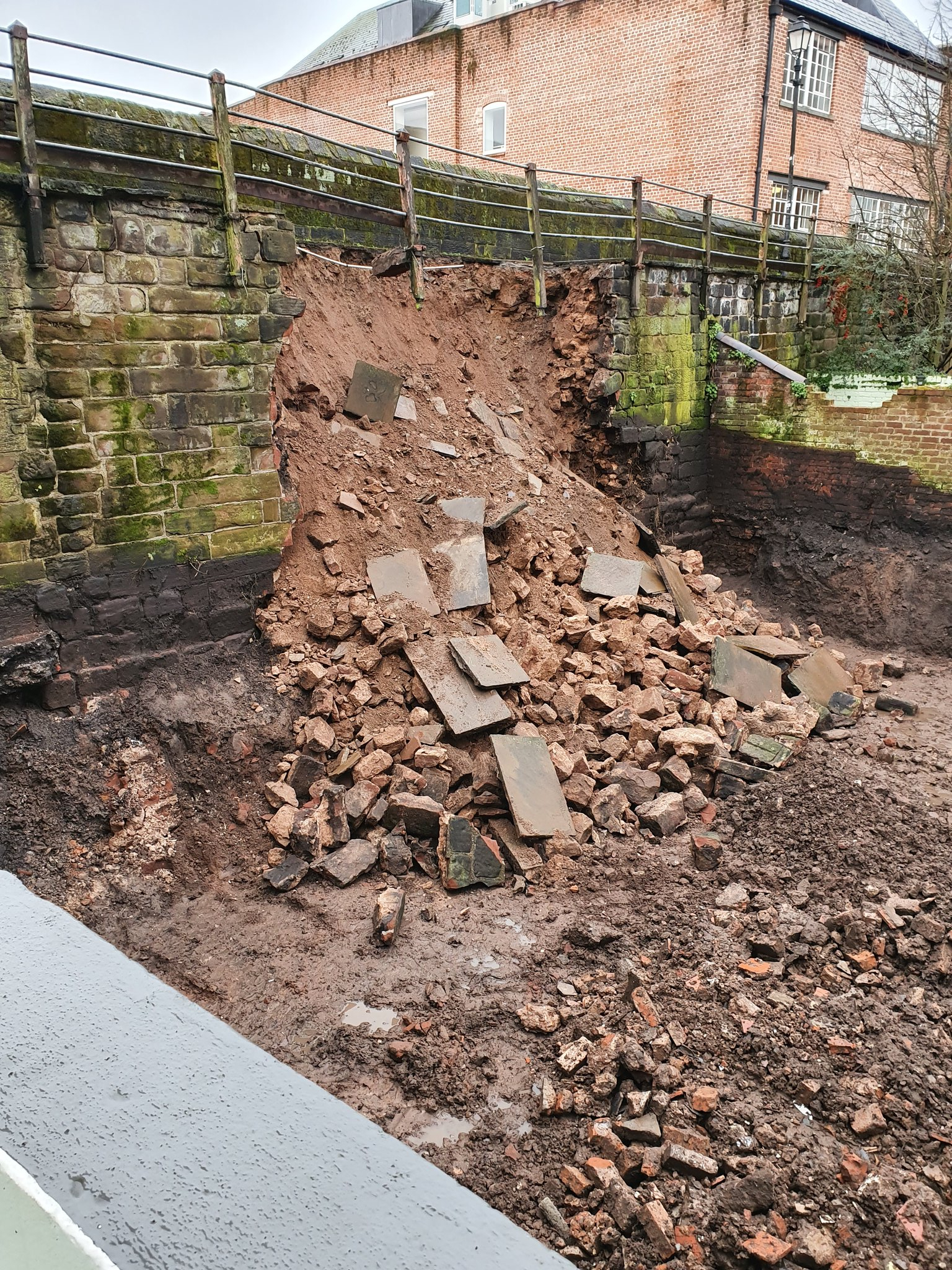 The collapsed section of Chester City Walls. Picture: @LoveLifeLossTom/PA.