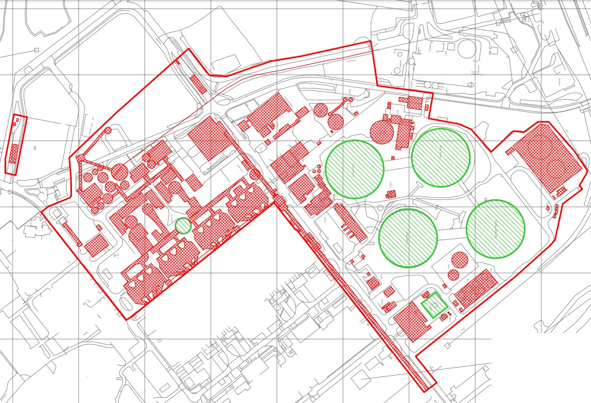 The structures in red form part of phase two demolition, with the green buildings to be demolished at a later date