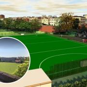 How the new hockey pitch would look (image: planning application) and, inset, The Queen's School site (Google Street View).