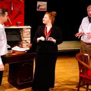 Haluk Saglam as Clifford Anderson, Sally Anglesea as Porter Milgrim and Simon Phillips as Sidney Bruhl in Against The Grain's production of Deathtrap which was staged recently at Chester Little Theatre. (photo credit: Steve Cain