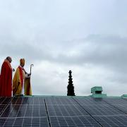 The solar panels are blessed by the Very Revd Dr Tim Stratford and the Bishop of Chester, Mark Tanner. (pic: Monica Escobedo)