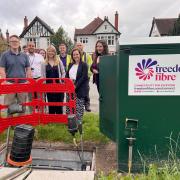 Cllr Nathan Pardoe, Mike Dugine (Digital Sector Specialist), Hayley Owen (Head of Economic Growth), Gemma Davies (Director of Housing and Economy) with the Freedom Fibre team.