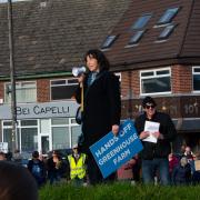 Cllr Jenny Johnson speaking at a Leverhulme protest.