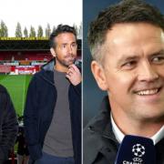 Wrexham AFC chairmen Rob McElhenney and Ryan Reynolds and (right) Michael Owen.