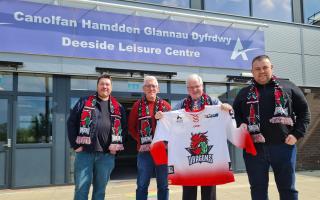 L-R Aspray Chester Deeside Dragons Marketing Manager Mikey Rowe, Cllr Dave Evans, Mark Tami MP and General Manager Shaun Bebbington.