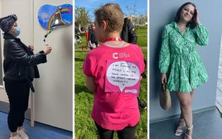 Left to right, Tabby Duff ringing the bell to mark her end of chemotherapy, at Race for Life, and post-treatment.